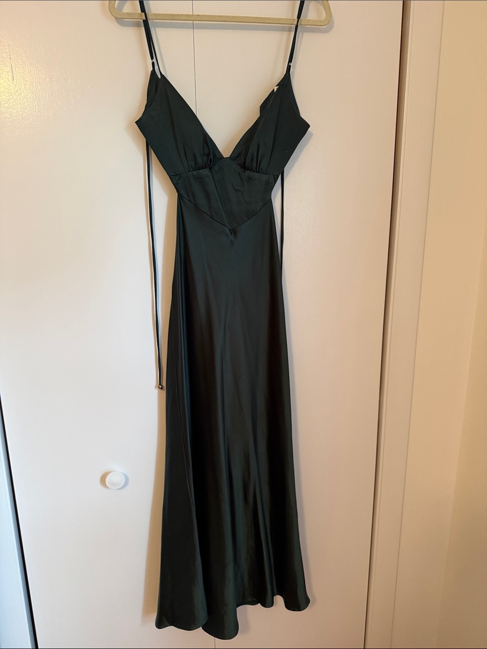 Elegant Dark Green Satin Maxi Slip Dress with V-Neck